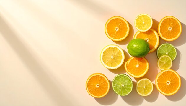 Rodajas de c&iacute;tricos frescos con luz natural c&aacute;lida sobre fondo claro