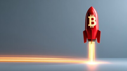 Rocket launching bitcoin cryptocurrency adventure digital space graphic design futuristic view