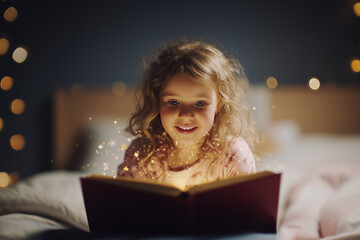 A little girl reads a book in bed at night, light and sparkling magic emit from the open pages. She looks amazed and happy; bedroom setting with bokeh lights. Childhood fantasy and imagination.