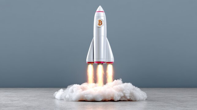 Graphic illustration of bitcoin launching into digital space with a futuristic flair