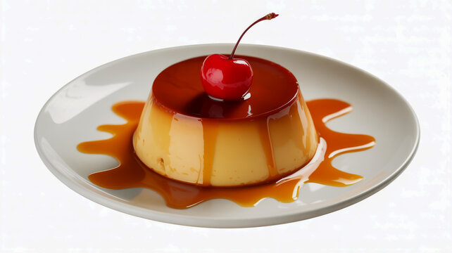 Delicious flan dessert topped with a maraschino cherry and caramel sauce isolated on white background