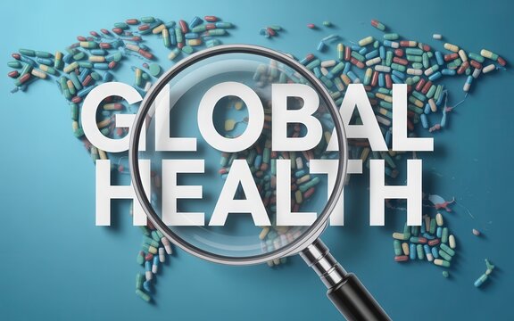 Magnifying glass over world map showing global health concept