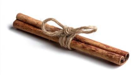 Two cinnamon sticks tied with twine against a white background.