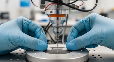 Scientist in blue gloves operating advanced laboratory equipment for precise material analysis and research.