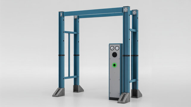 3d rendering of a blue metal arch structure with control panel isolated on white background