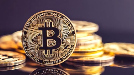Close up of a physical gold bitcoin cryptocurrency coin standing upright with a stack of blurred coins in the background on a reflective dark surface - Powered by Adobe