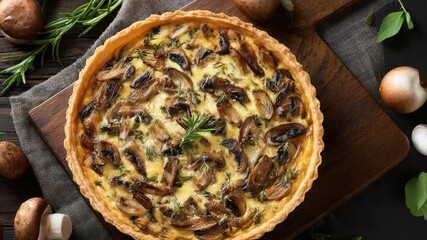 Delicious Mushroom Quiche with Rosemary and Whole Mushrooms on Rustic Wooden Tabletop Overhead Shot - Powered by Adobe