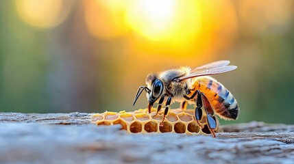 A close-up macro shot of a honeybee on a honeycomb, with a warm, blurred sunset in the background.