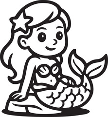 A charming illustration of a whimsical mermaid rests serenely on a rock, complete with long hair, a star, seashell bra, and a fishtail, captivating viewers with its gentle, fantasy aesthetic.