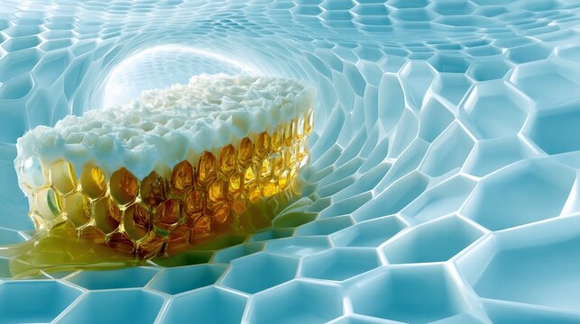 Close-up view of a honeycomb structure filled with golden honey and white cream, set within a futuristic, illuminated blue hexagonal tunnel. The lighting is bri