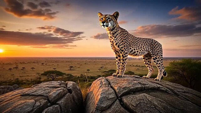 Majestic Leopard on Rock at Sunset - A Wildlife Portrait.