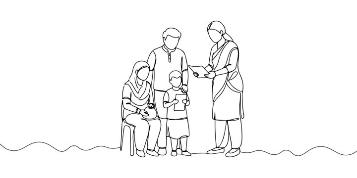 A single continuous line of a person helping a family access microfinance, symbolizing microfinance and financial inclusion, vector illustrator
