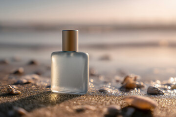 Mockup of a frosted glass perfume bottle with a golden cap stands on wet sand with seashells. The background is a blurry sea at sunset. Summer fragrance, natural beauty, beach vacation concept.