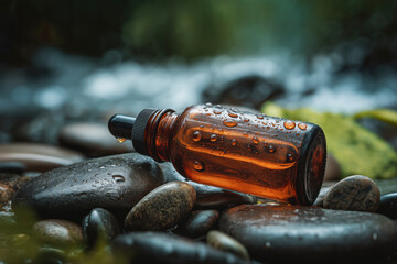 Mockup of an amber glass dropper bottle with water drops lying on dark, wet river stones. Flowing water background. Natural oil, organic skincare, wild beauty, spa concept.