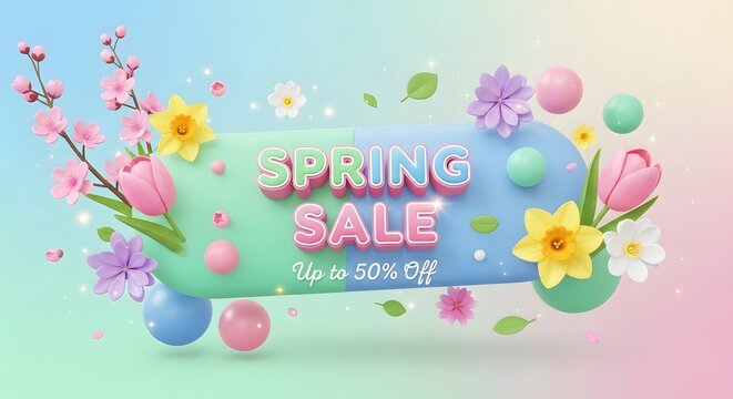 Spring sale banner with flowers and pastel colored eggs - Powered by Adobe