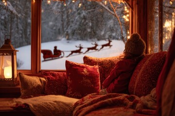 Festive interior with red pillows and candlelight as a child looks out the window at Santaa??s sleigh and reindeer