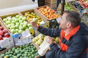Man choosing fresh apples at a local farmers market. Healthy shopping for organic produce with a reusable bag