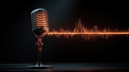 Vintage microphone capturing vibrant sound waves in a dark studio, perfect for podcasting, music production, and voiceover projects, evoking nostalgia and professional quality