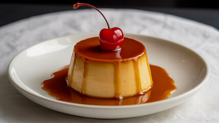 Delicious creamy caramel flan dessert topped with a bright red maraschino cherry