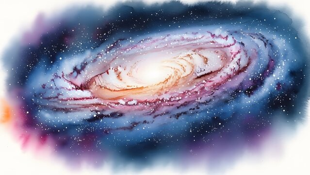 Vibrant Watercolor Spiral Galaxy Painting perfect for website banner, social media graphic, educational material, book cover, desktop background, art print,