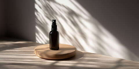 Mockup of a dark spray bottle on a wooden cylindrical podium. Bumper shot. Strong light casts linear shadows. Minimalist skincare packaging, organic product. Copy space, place for signature.