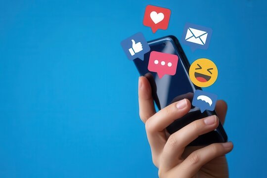 Hand holding smartphone with social media icons floating around it