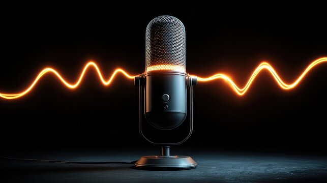 Professional microphone with electrifying sound waves, perfect for podcasts, voiceovers, or music recording in a state-of-the-art studio setting, giving your audio projects a powerful edge