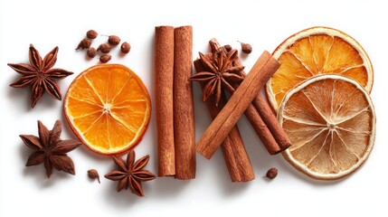 Dried citrus slices and aromatic spices on a white background.