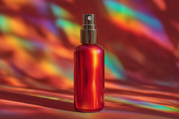 Mockup of a glossy, metallic red spray bottle with a golden atomizer against a vibrant, holographic background. High contrast and shine. Luxury cosmetic, artistic product display, bold aesthetic .