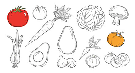 Collection of fresh farm vegetables in a hand-drawn sketch style including tomato carrot cabbage mushroom and avocado.