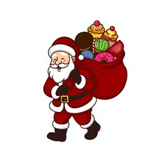 Cartoon Santa Claus Carrying a Bag Full of Sweets and Desserts