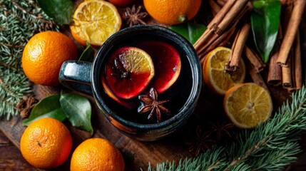 Warm spiced mulled wine with oranges and star anise on a rustic wooden table.