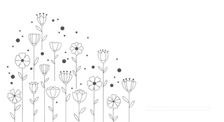 Minimalist black and white floral design with delicate hand-drawn outline flowers and dots arranged with copy space.