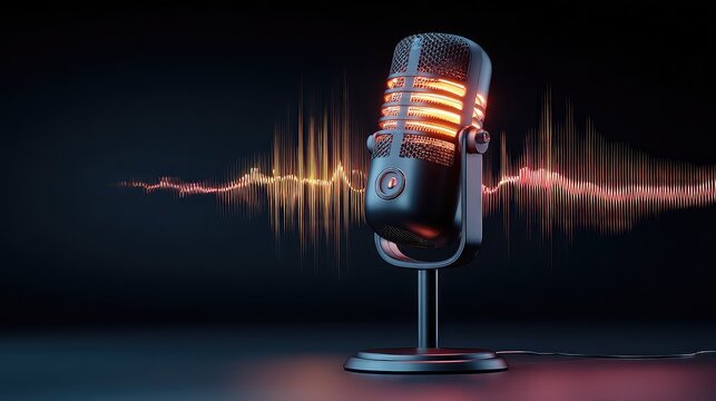 Retro microphone with vibrant waveform glowing, perfect for podcasting, music, or audio projects bringing a nostalgic yet modern feel to your creative content, ideal for branding and marketing - Powered by Adobe