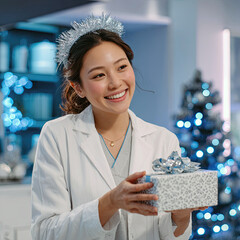 Smiling Female Dentist Holding Gift Box – Festive Blue-Themed Christmas Scene in Modern Clinic