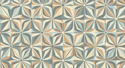 Fototapeta premium Seamless geometric pattern of stylized floral tiles in a muted retro color palette of blue beige and tan for wallpaper.