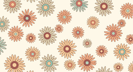 Seamless pattern of scattered retro-style flowers in a warm pastel color palette for a groovy and nostalgic 70s design.