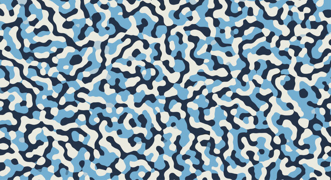 Seamless abstract blue camouflage pattern with organic Turing-style spots and blobs creating a modern and fluid texture.