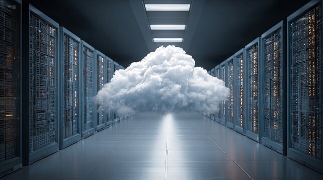 Powerful cloud computing data center with modern servers for secure data storage and processing, offering scalable solutions for business innovation