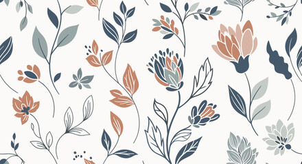 A beautiful seamless pattern with stylized folk art flowers and leaves in a muted vintage color palette for textile design.