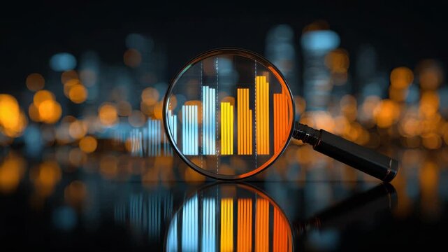 Magnifying glass examines colorful bar graph data with blurred city lights background and reflections in the foreground at night