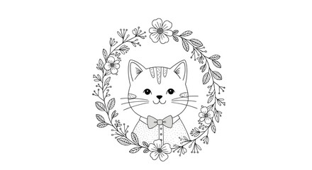 Obraz premium A charming hand-drawn coloring page illustration of a cute cat in a bow tie framed by a beautiful floral wreath design.