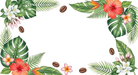 Tropical Floral Frame with Coffee Beans - Watercolor Illustration for Invitations and Designs.