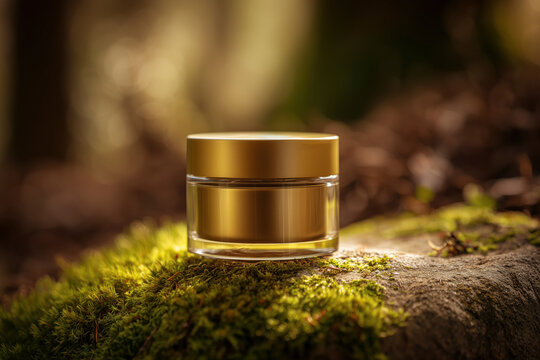 Mockup of a clear glass cosmetic jar with a reflective gold lid sits on a mossy rock in a forest setting. Sunlight, warm bokeh highlights. Premium organic cream, luxury nature, golden aesthetic.