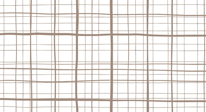 A minimalist seamless pattern of a hand-drawn grid with irregular brown lines creating a simple and rustic plaid texture.