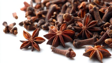 Close-up of fragrant star anise and cloves on a white surface.