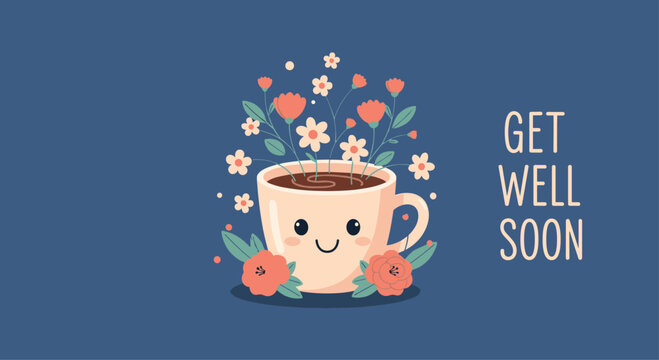 A charming get well soon card featuring a cute smiling coffee mug with flowers and a thoughtful handwritten style message.