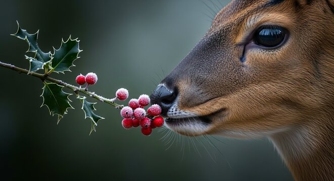 Muntjac deer cautiously sniffs red berries on a holly branch in soft light - Powered by Adobe