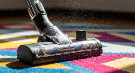 Close-up shot of a professional vacuum head lifting dust and particles from colorful carpet. Vacuum head features advanced suction technology for effective cleaning.