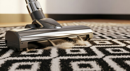 Efficient vacuum cleaning on black and white patterned carpet shows vacuum head in action collecting dust and allergens.